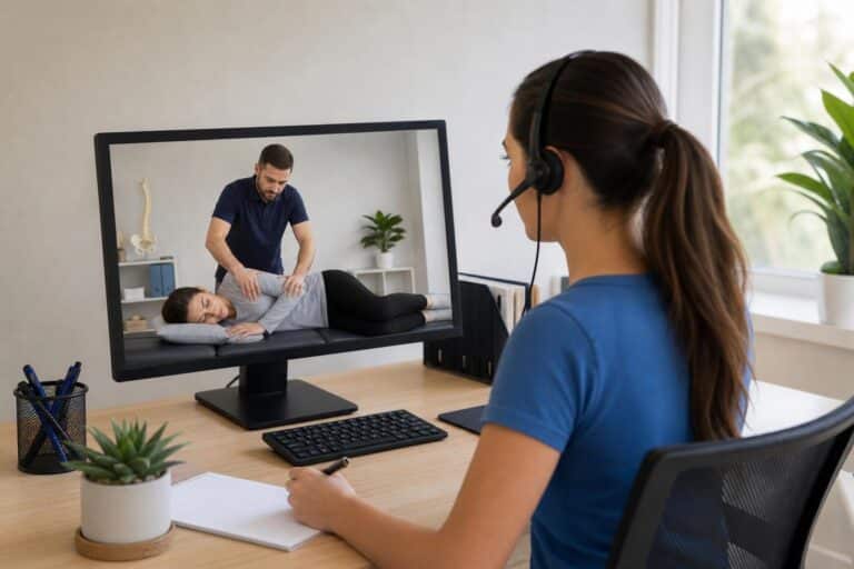 Remote assistant with a headset taking notes while watching a chiropractor treat a patient on a computer monitor.