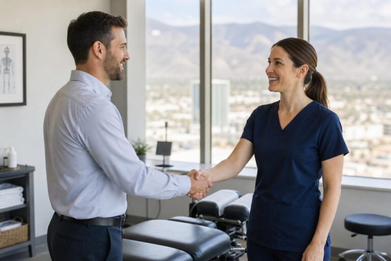 Smiling man in a light blue shirt shaking hands with a woman in navy scrubs in a chiropractic office with mountain views.
