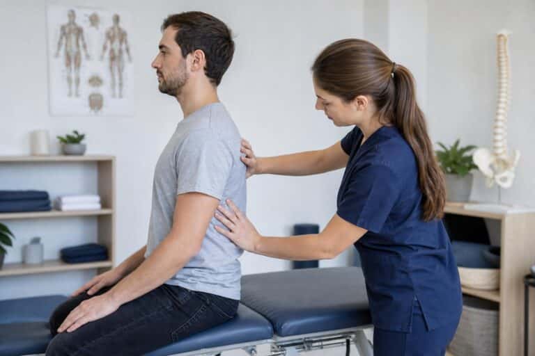 Female chiropractic assistant in navy scrubs examining a male patient's back in a bright clinic with a spine model and anatomical posters.