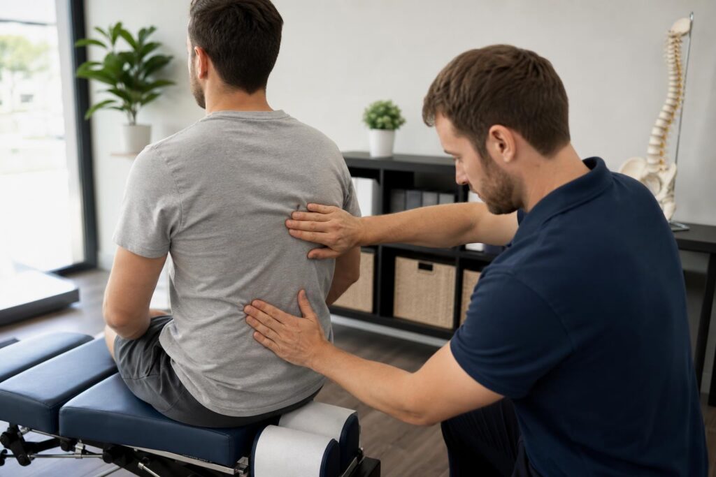 Male chiropractor in a blue polo shirt examining a patient's back in a bright, modern clinic with a spine model in the background.