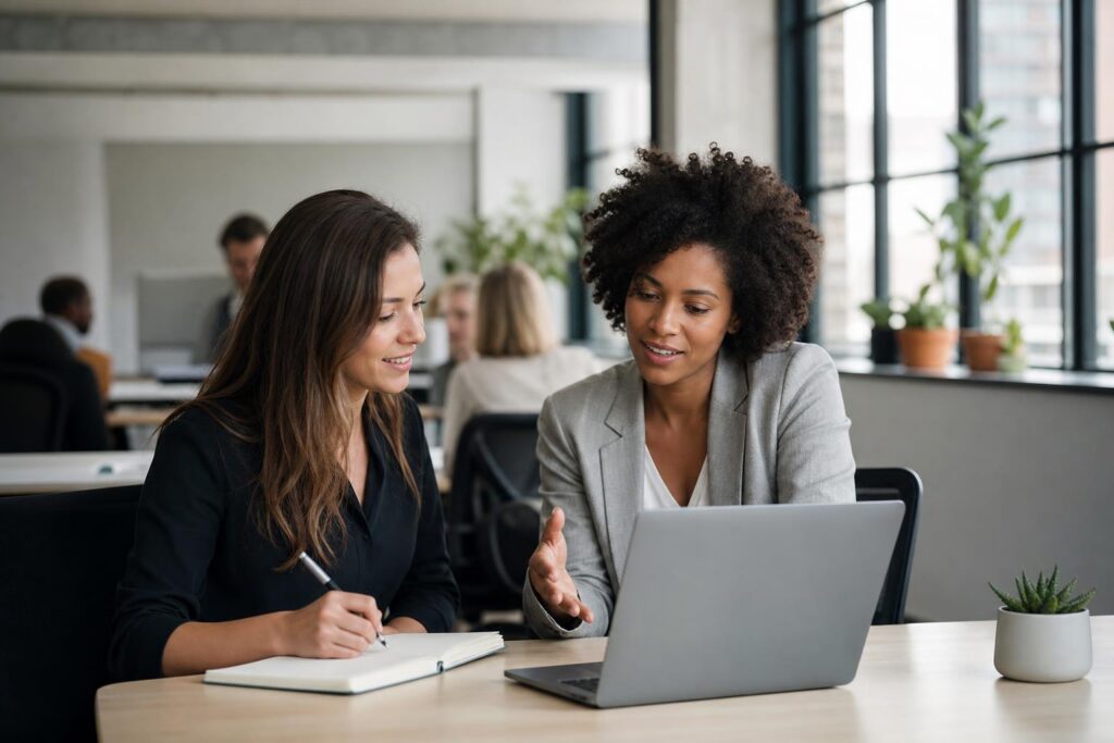 Two diverse professional women collaborating at a desk in a bright, modern office while looking at a laptop and taking notes.