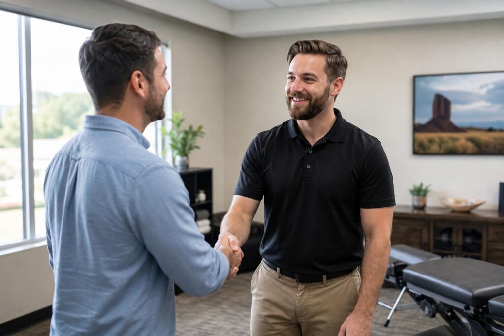 Two men shaking hands in a bright chiropractic office with a treatment table and desert landscape art in the background.