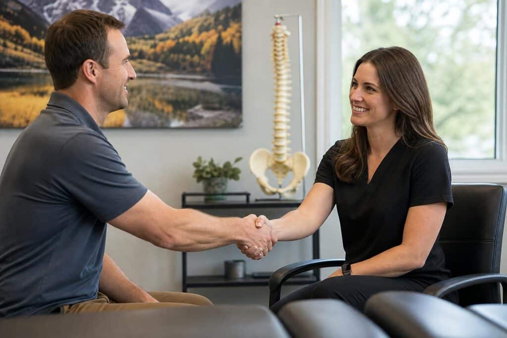 Smiling woman in black scrubs shaking hands with a man in a chiropractic office featuring a spine model and Colorado mountain landscape art.