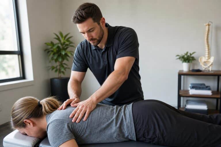 Male chiropractor in a black polo shirt performing a back adjustment on a female patient in a bright, modern clinic with a spinal model in the background.