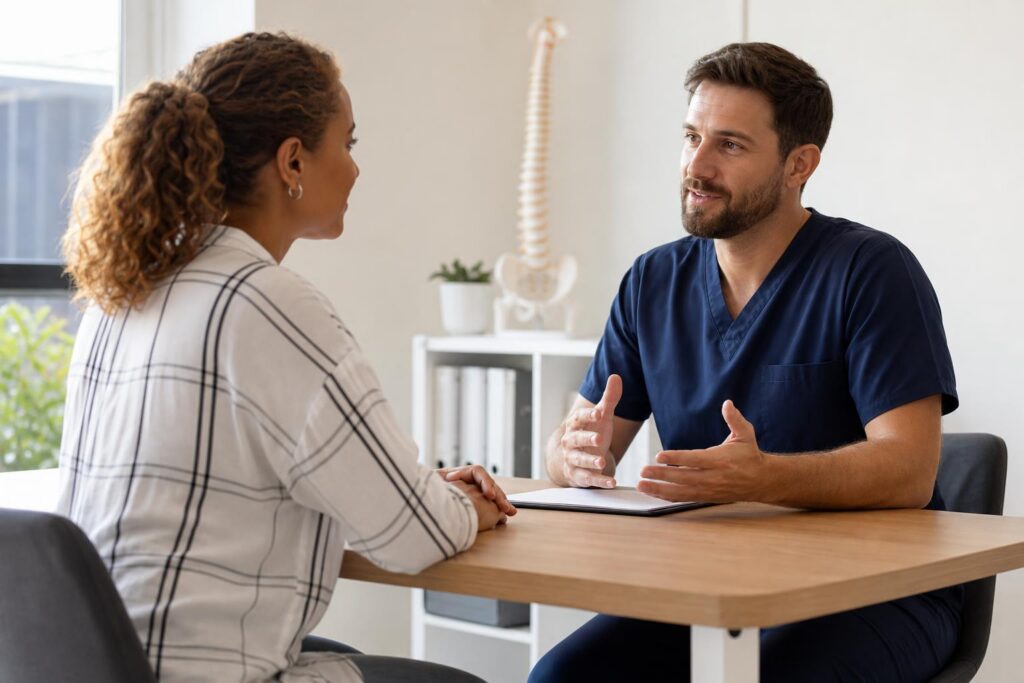 Male chiropractor in blue scrubs interviewing a female candidate at a desk with a spine model in the background.