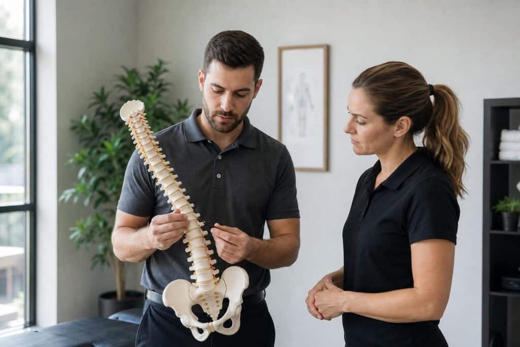 Male and female chiropractors in black polo shirts examining a human spine model in a bright, modern clinic.