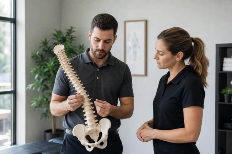 Male and female chiropractors in black polo shirts examining a human spine model in a bright, modern clinic.