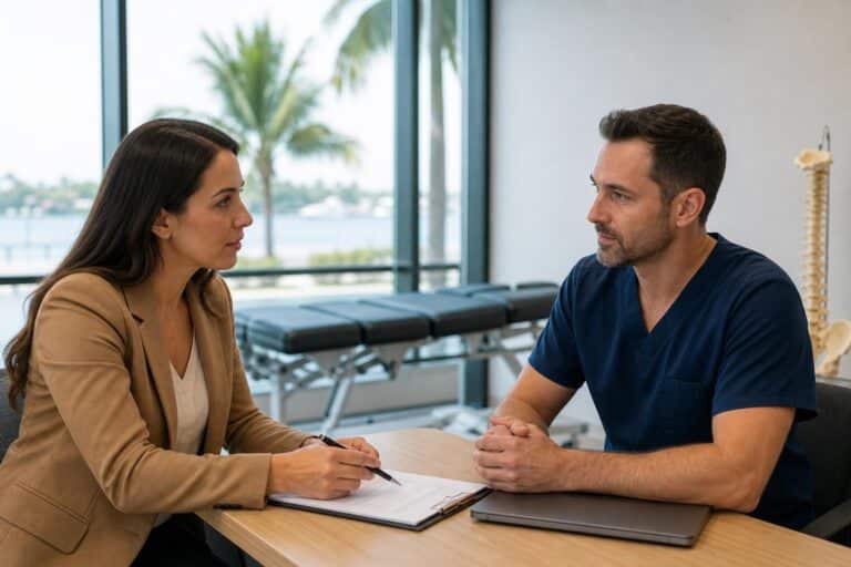 Professional woman interviewing a male chiropractor in blue scrubs at a desk with a tropical Florida palm tree view in the background.