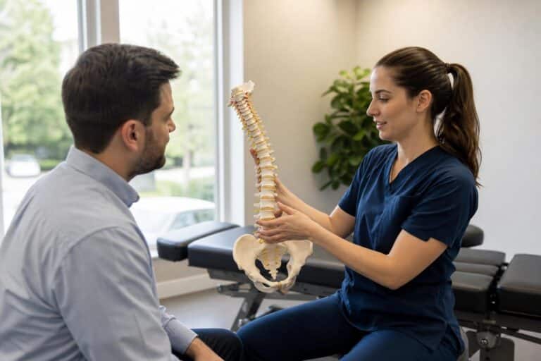 Female chiropractor in blue scrubs showing a human spine model to a male patient in a bright, modern clinic.
