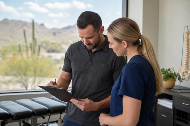 Two healthcare professionals review a clipboard in a chiropractic office with a desert mountain and Saguaro cactus view through the window.