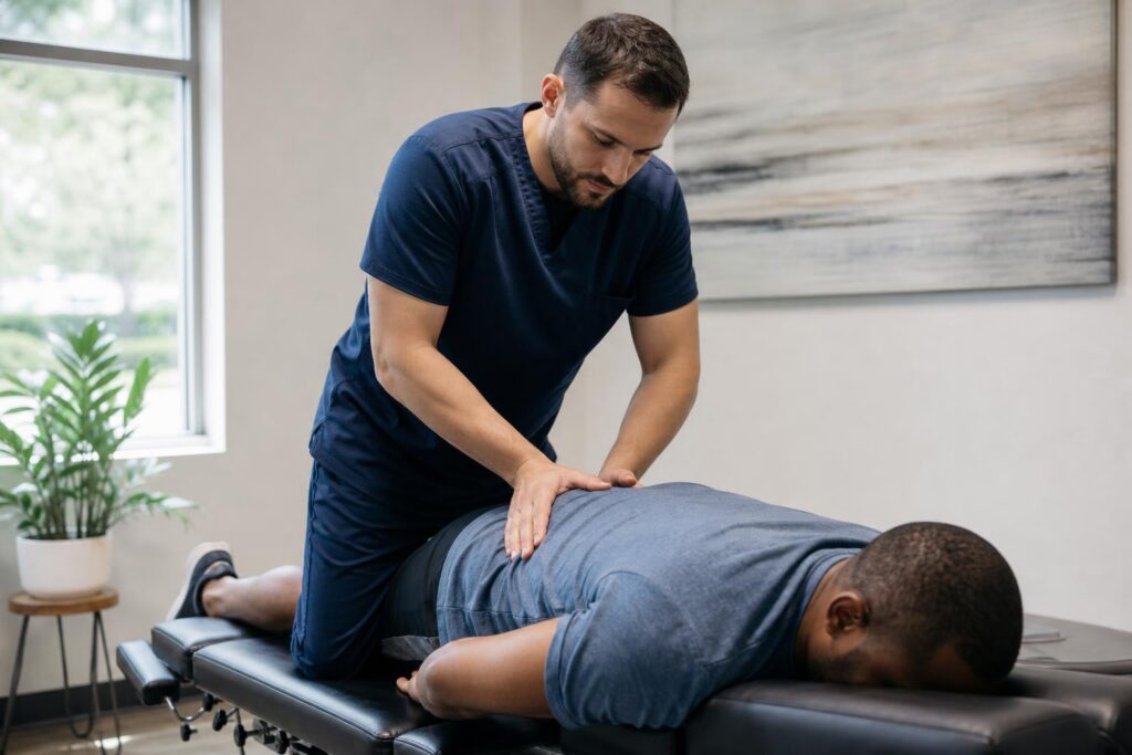 Male chiropractor in navy scrubs performing a manual spinal adjustment on a patient lying face down on a black treatment table.