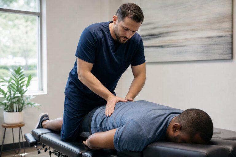 Male chiropractor in navy scrubs performing a manual spinal adjustment on a patient lying face down on a black treatment table.
