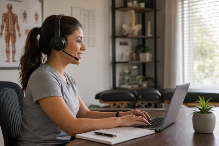 Smiling woman wearing a headset works on a laptop in a chiropractic office with an anatomical poster and spine model in the background.