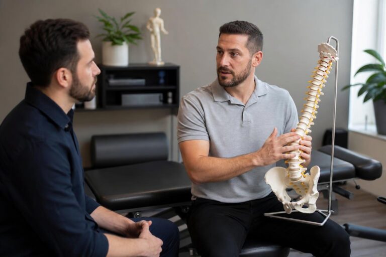 Male chiropractor in a grey polo shirt holding a human spine model while talking to a male colleague in a clinical office setting.