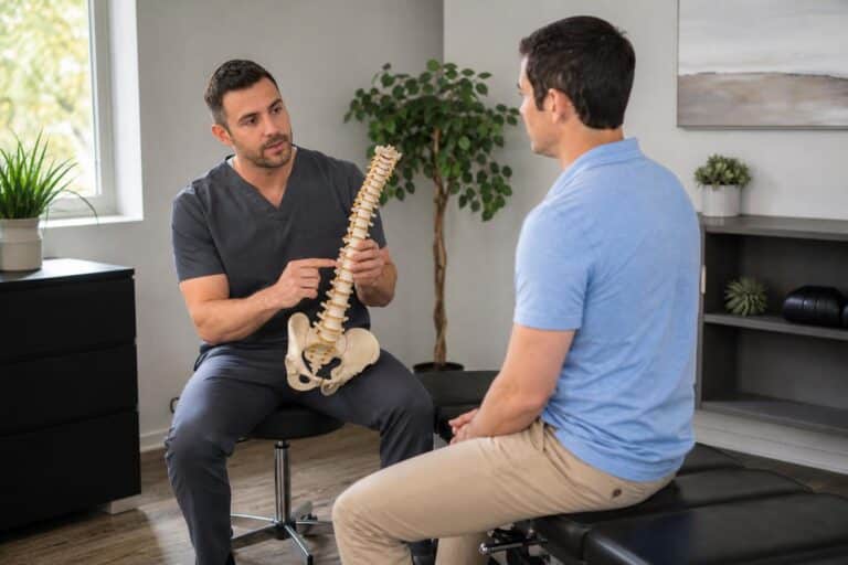 Male chiropractor in grey scrubs using a spine model to explain a diagnosis to a patient in a bright, modern clinic.