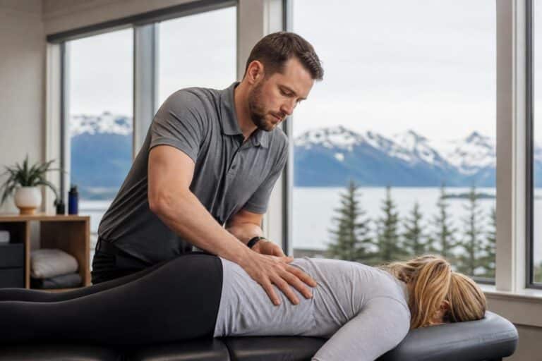 Male chiropractor performing a back adjustment on a patient in a bright office with large windows overlooking snow-capped Alaskan mountains.