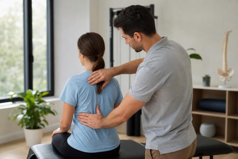 Male chiropractor in a grey polo shirt examining a female patient's spine in a bright, modern clinic with a spinal model in the background.