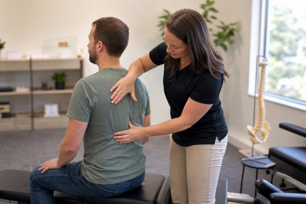 Female chiropractor in a black polo shirt examining a male patient's back in a bright, modern clinic with a spinal model in the background.