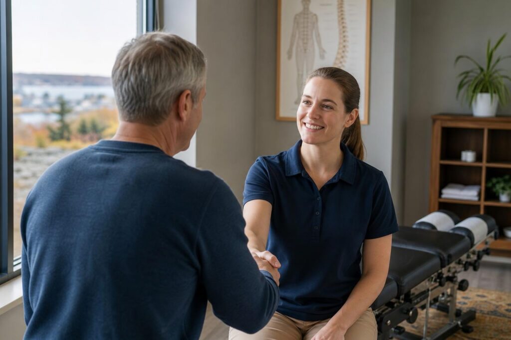 Smiling female chiropractor in a navy polo shaking hands with a man in a bright office featuring a spinal chart and coastal Maine view.