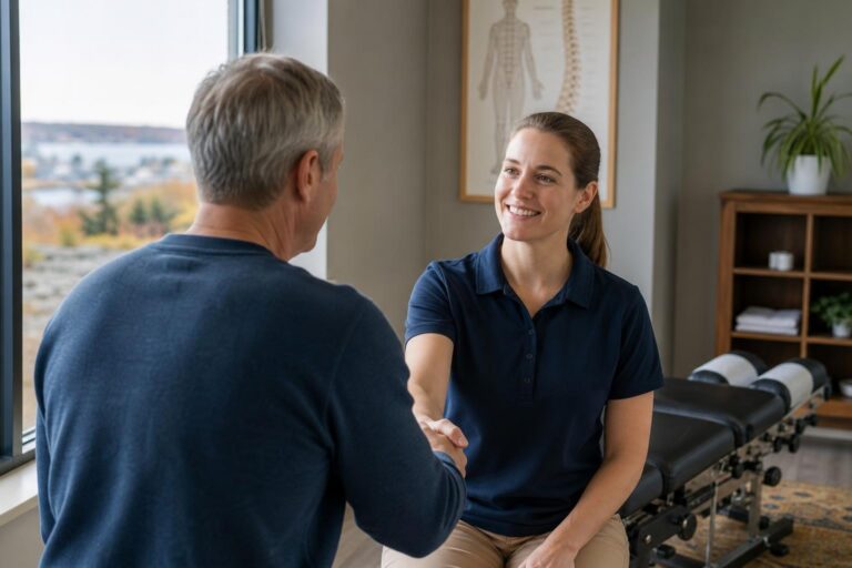 Smiling female chiropractor in a navy polo shaking hands with a man in a bright office featuring a spinal chart and coastal Maine view.