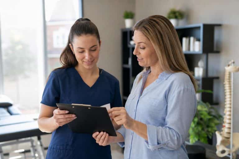 Female healthcare professional in blue scrubs and a woman in a light blue shirt reviewing a clipboard together in a bright chiropractic office.