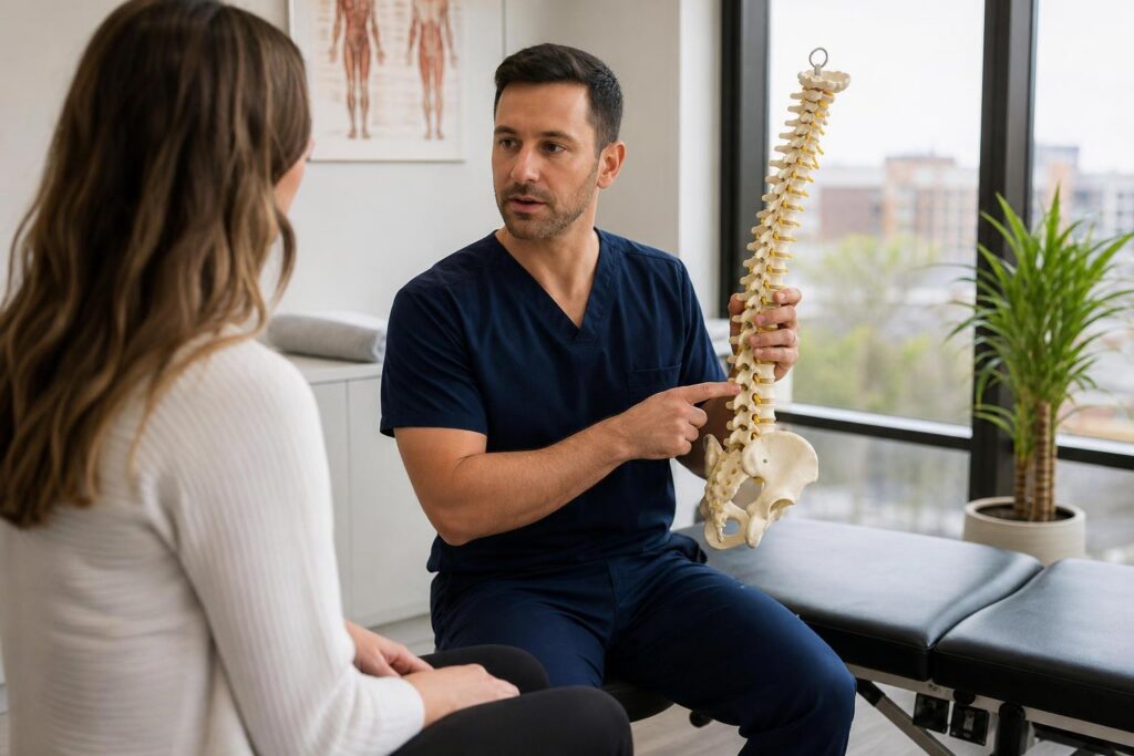 Male chiropractor in blue scrubs holding a spine model while explaining a diagnosis to a female patient in a bright, modern clinic.