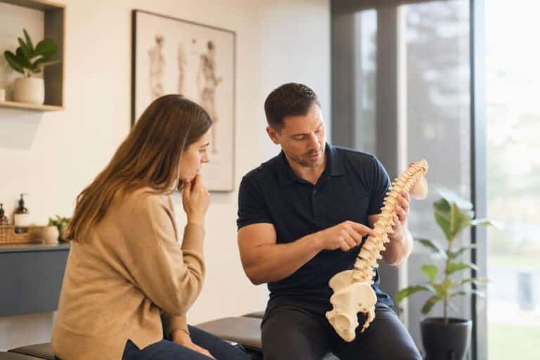 Male chiropractor in a navy polo shirt explaining a human spine model to a female patient in a bright, modern clinic.