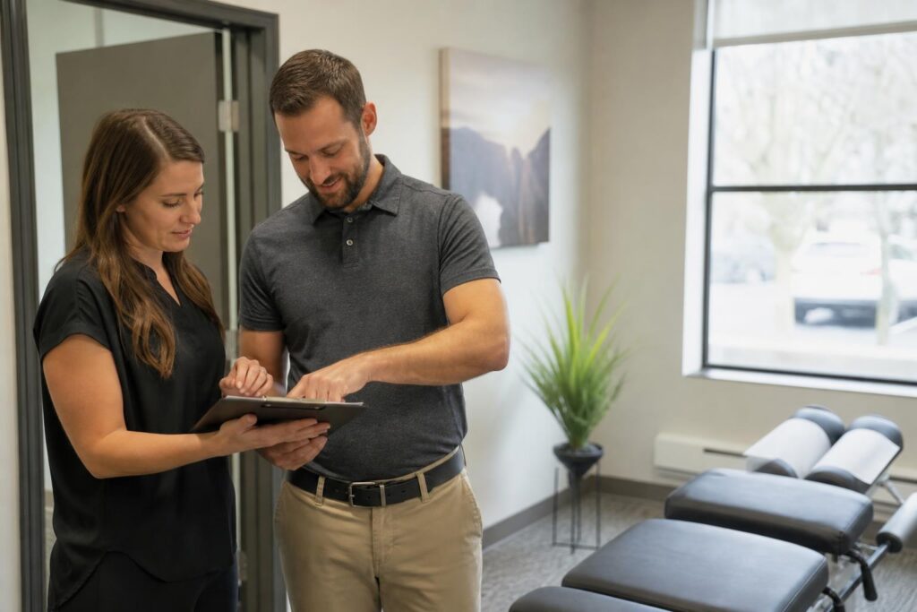 Two healthcare professionals in a bright clinic reviewing a clipboard next to a black chiropractic adjustment table.