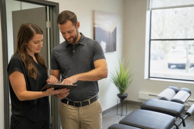 Two healthcare professionals in a bright clinic reviewing a clipboard next to a black chiropractic adjustment table.
