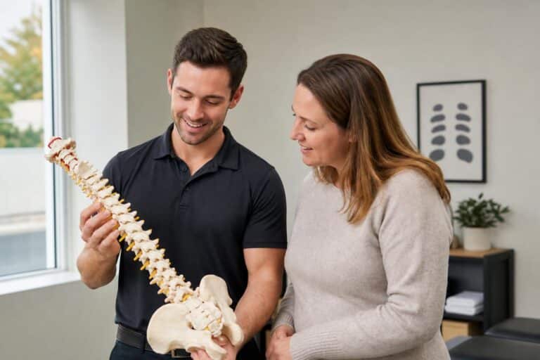 Male chiropractor in a black polo shirt showing a human spine model to a female patient in a bright, modern clinic.