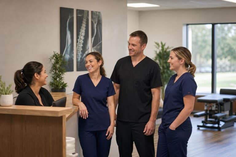 Four smiling chiropractic staff members in scrubs talking at a reception desk in a modern clinic with spinal artwork and treatment tables.