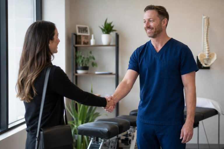 Smiling male chiropractor in blue scrubs shaking hands with a female professional in a bright clinic with a spine model and adjustment table.