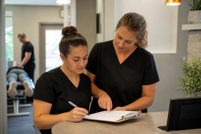 Two women in black scrubs review paperwork on a clipboard at a clinic reception desk while a chiropractor treats a patient in the background.