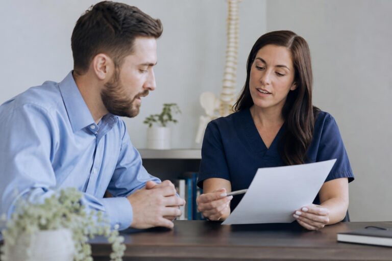 Female chiropractor in blue scrubs reviewing a document with a male colleague in a light blue shirt at a desk with a spine model in the background.