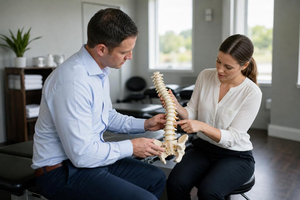 Two chiropractors in professional attire discuss a human spine model in a bright, modern clinic setting.