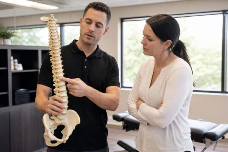 Male chiropractor in a black polo shirt pointing to a human spine model while explaining a procedure to a female colleague in a bright clinic.
