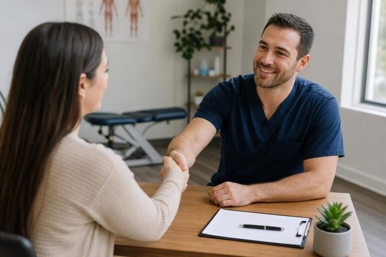 Smiling male chiropractor in blue scrubs shaking hands with a woman across a desk in a bright clinic with an adjustment table in the background.