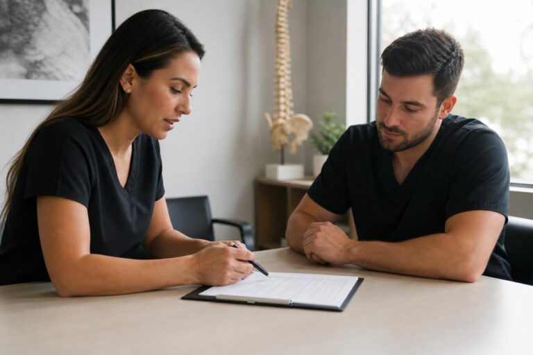 Two professionals in black scrubs sit at a desk reviewing a contract, with a human spine model visible in the background of the clinical office.
