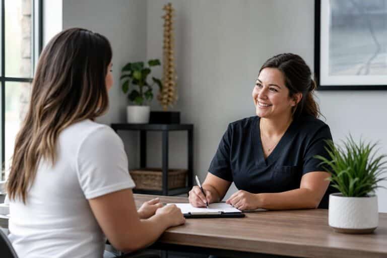 Smiling woman in black scrubs conducting an interview at a desk with a spinal model and plants in the background.