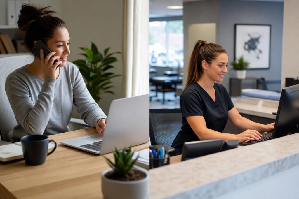 Split screen of a woman working on a laptop at home and a woman in medical scrubs working at a chiropractic clinic reception desk.