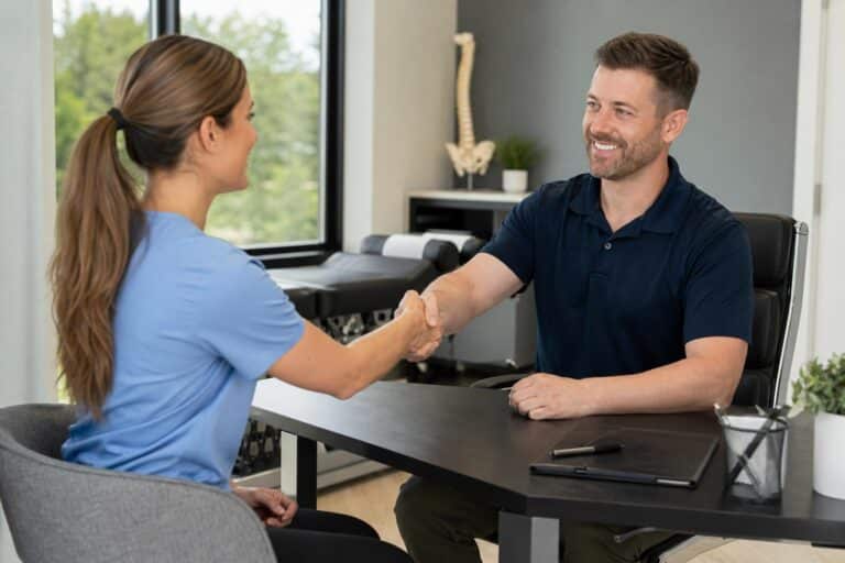 Smiling male chiropractor in a navy polo shaking hands with a female job candidate in blue scrubs across a desk in a modern clinic.