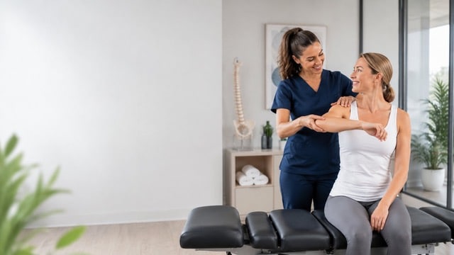 Chiropractor assessing a patient's shoulder mobility during a chiropractic visit